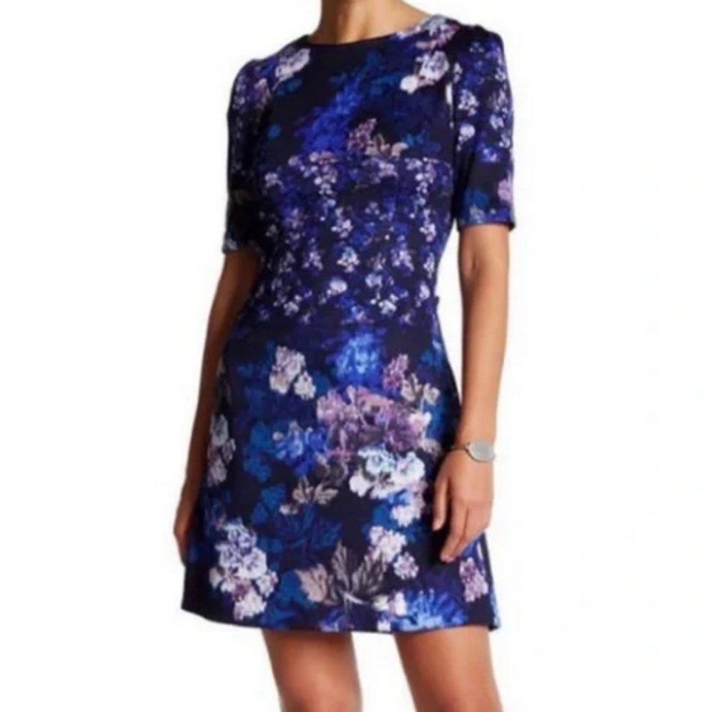 Betsey Johnson Blue Purple Water Color Floral Scuba Dress With Zip Back 2